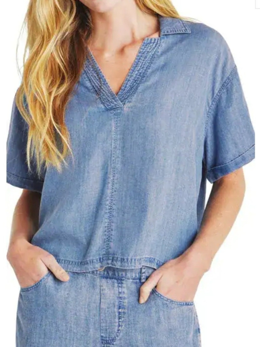 Splendid Light Blue Chambray Short Sleeve Top Sz L